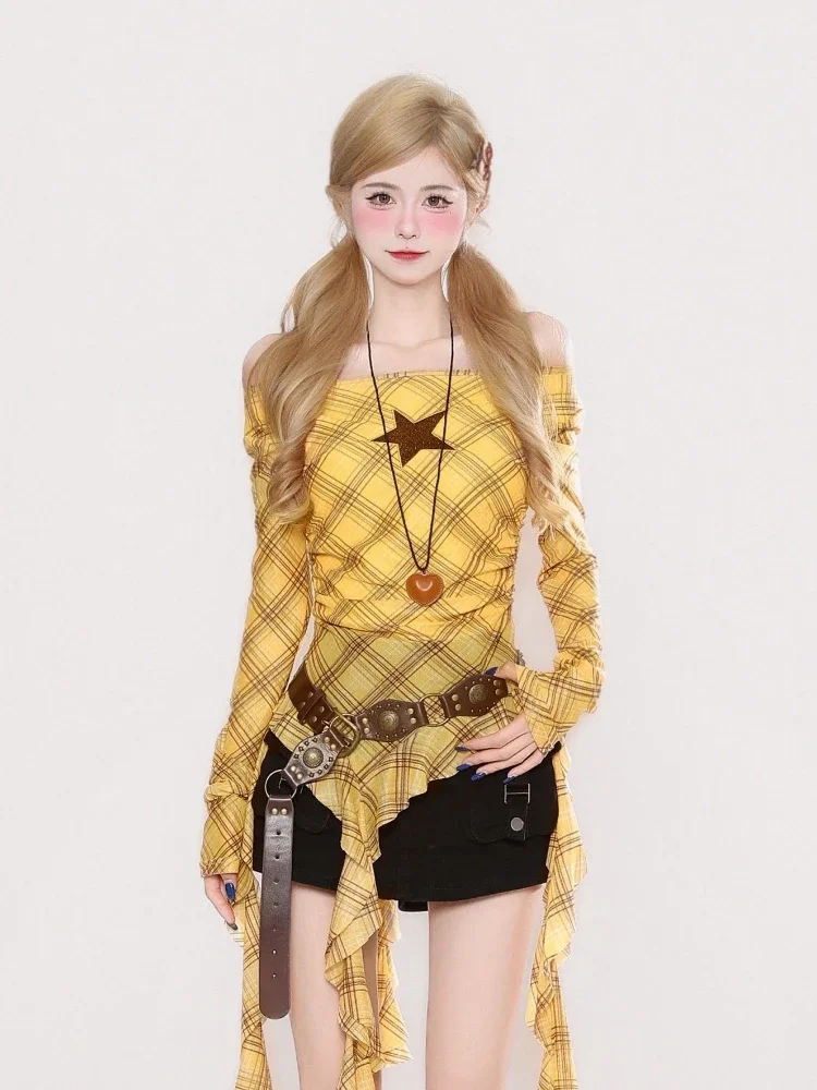 Y2K Plaid Slash Neck Vintage T - đánh giá và giá T-Shirts